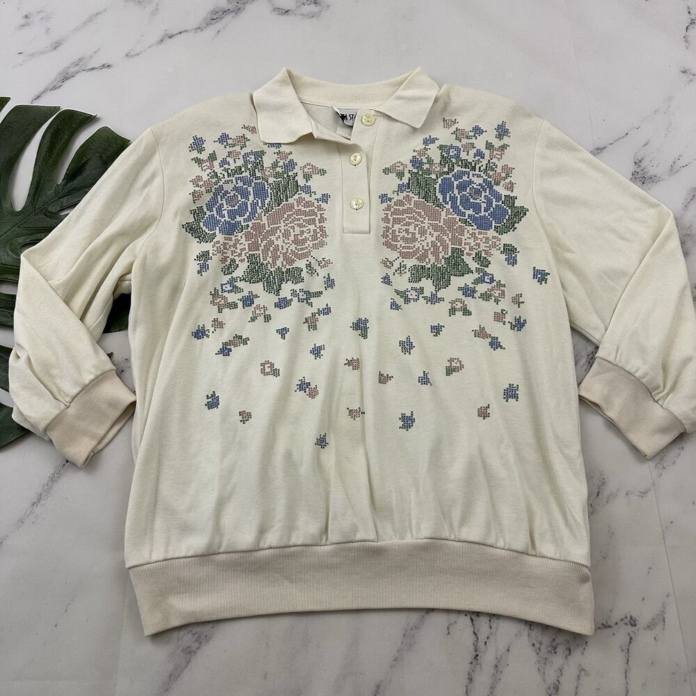 Nina St Claire Womens Vintage 90s Polo Top Size L Cream Cross Stitch Print